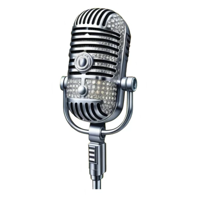 Create a glamorous and vibrant emoji representing stage vocal performance. The design should feature a humanless collage of classic vintage microphone, stage costume covered in rhinestones, sparkling brightly. The costume should be stylized, with glittering elements like sequins and sparkles, and reflect the glitzy, extravagant nature of show business. The microphone should have a sleek, retro look with chrome or metallic accents. Use rich, dazzling colors like gold, silver, deep purple, and bright red to evoke the glamorous, larger-than-life feel of a stage performance. The background should be transparent. sticker