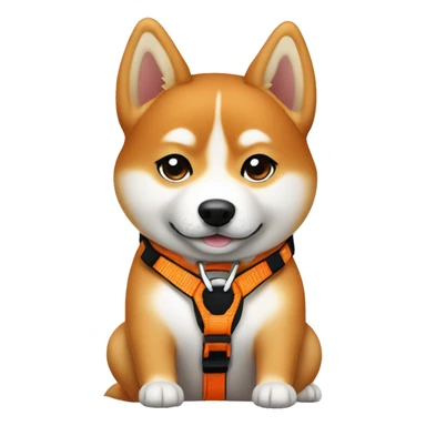 Slim Shiba Inu sitting in the orange harness sticker