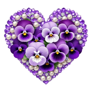 An exquisite heart-shaped bouquet composed of deep lilac flowers and ice violet pansies, harmoniously blended with amethyst and pastel purple tones, is delicately placed on smooth pearl satin fabric, its beauty further enhanced by the subtle sparkle of tiny silver adornments. sticker