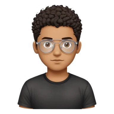 Young Latino with big forehead, metal-framed aviator glasses, very short curly dark hair on top with shaved sides, neutral expression, brown skin, black t-shirt sticker
