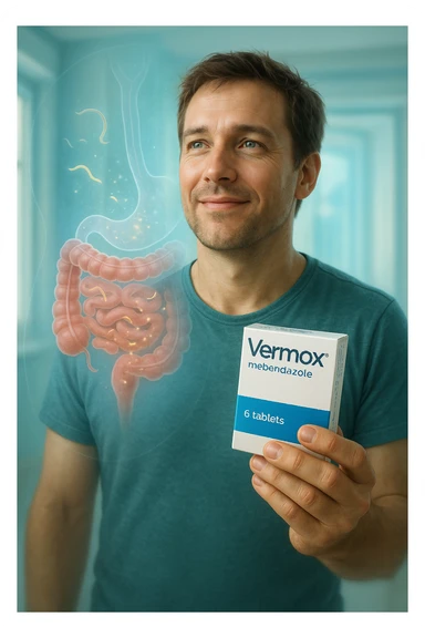 A realistic, cinematic illustration of a man in his late 30s holding a small white box of ‘Vermox’ (mebendazole) in one hand, with a relieved and hopeful expression on his face. Behind him, a semi-transparent overlay shows his digestive tract where small, symbolic worm-like parasites are dissolving and disappearing, indicating the medication’s effect. The environment is clean and bright, with a medical yet hopeful tone, conveying the concept of effective parasite removal. Subtle blue and green tones symbolize cleansing and health restoration, while the man appears energized and ready to reclaim his well-being sticker