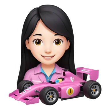long black haired girl kid playing pink colored formula 1 car toy sticker