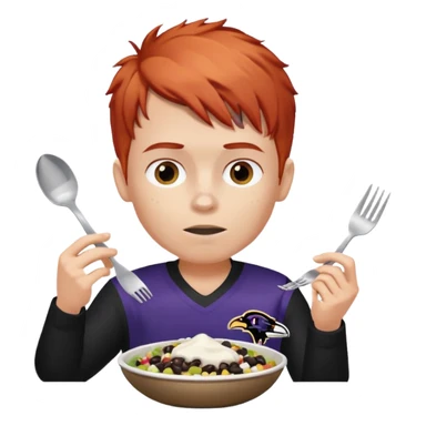 a red-haired boy wearing a ravens jersey and eating a chipotle burrito bowl sticker
