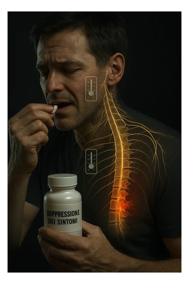 Realistica cinematic Man taking pain medication for chronic back pain, pills shown as dimmer switches turning down pain signals in transparent nervous system overlay, underlying spinal damage remaining completely untreated and worsening, expression of temporary relief masking progressive deterioration, medication bottle labeled 'symptom suppression' not 'cure', root cause inflammation continuing to spread in italiano sticker