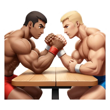 Two athletes engaged in an intense arm wrestling match, their muscles straining as they battle for dominance. The scene captures the powerful clash of strength, with close-ups on the hands locked in a firm grip, sweat glistening under bright lights. The background features a wrestling table. sticker