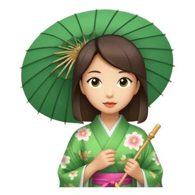 Japanese Princess with paper umbrella, green kimono sticker