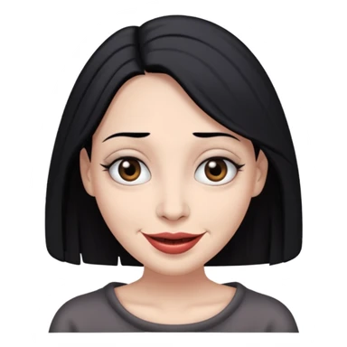 woman with gray skin and black hair and a creepy face with white eyes and a droopy smile sticker