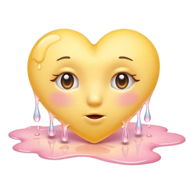 A pastel-yellow heart melting into soft pink tears, curled on a clouded floor under warm sunrise light. sticker