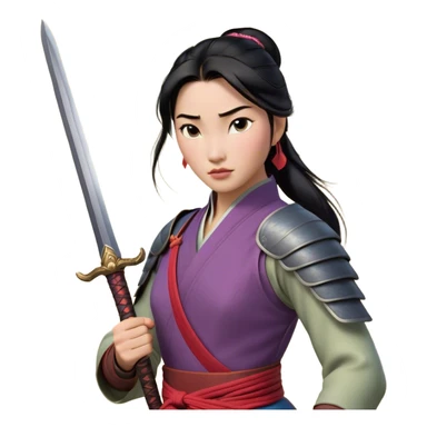 Cinematic Realistic Mulan Portrait, depicted with lifelike skin texture, soft natural lighting, and intricately detailed long black hair styled elegantly. Her deep, expressive eyes exude determination and grace, complemented by a serene yet confident expression. She stands with one hand resting on the hilt of her sword, the other by her side, exuding strength and poise. She is dressed in her classic attire, with rich fabric textures and delicate folds that catch the light beautifully. The portrait features a soft, enchanting glow with a natural, radiant finish, capturing the essence of timeless strength and beauty in a realistic and painterly style, evoking a sense of depth and authenticity. sticker