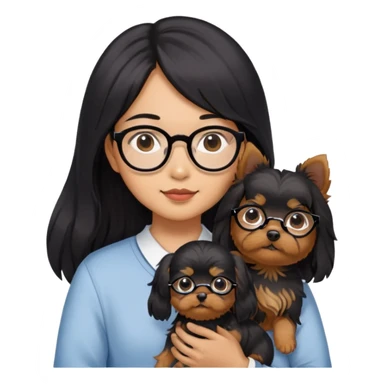A couple holding a small Yorkshire Terrier together. The girl is Asian with long, luscious wavy black hair (loose, no hair tie). She is next to her boyfriend, a brown-skinned man wearing glasses with a korean haircut sticker