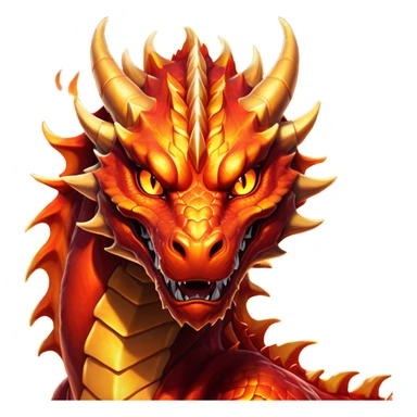 Cinematic Noble Fierce Fire Dragon Portrait Emoji, Poised and imposing, with a muscular, scaled body ablaze in fiery hues of crimson, molten orange, and molten gold, and intense, burning eyes that mirror the heart of a volcano; rendered with lifelike texture and dynamic natural highlights, high shine, formidable and intense, styled with an aura of scorching mythic power, focused and resolute, soft glowing outline, capturing the essence of a legendary inferno poised to ignite the screen with timeless ferocity! sticker