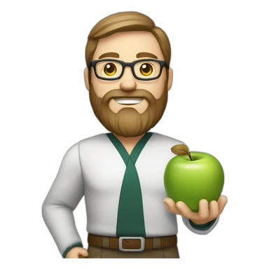 A male nutritionist with a full beard and dark blonde hair and white skin and glasses holding an apple in his hand. Without white kiltze. sticker