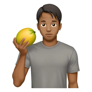 travis Scott in gray t-shirt holding a pomelo sticker