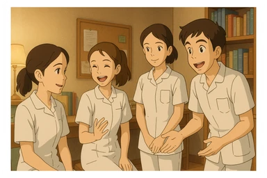 Scène intérieure Ghibli : quatre étudiants infirmiers en interaction, tenues blanches à manches courtes, tuniques col en V, poche poitrine à gauche, avant-bras nus, pas de pied de col ni stéthoscopes, cheveux longs attachés pour celles qui en ont. Visages inspirés des quatre photos jointes. sticker
