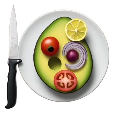 cut vegetables ( avocado , tomato , red onion ,lemon )   on the dark wood kitchen desk by knife .Do it very beautifully  sticker