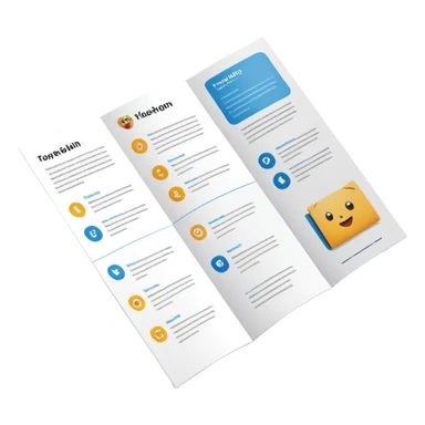 tri-fold brochure opened, with simple layout lines and image placeholders. sticker