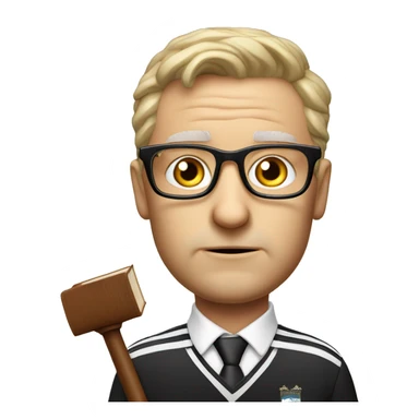 Boring white male, glasses, old, with a book, judges hammer, Liverpool football team supporter sticker