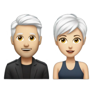 White man with dark hair next to a white woman with very short white hair, podcasting with mics and a MacBook sticker