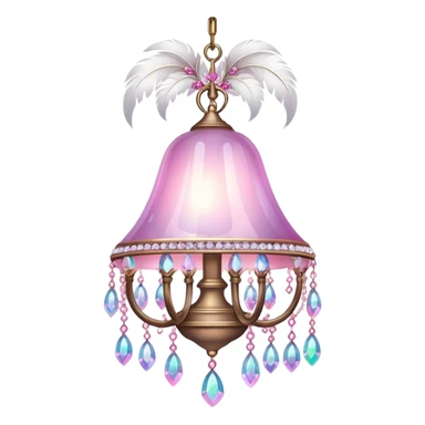 PInk iridescent Bell with chained hanging crystals LAMP with feathers CHANDELIER sticker