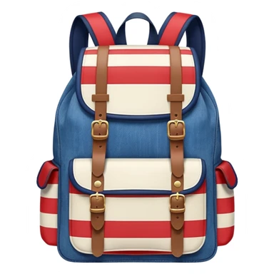  blue denim backpack with red, white, and navy stripes, similar to a Tommy Jeans design. Minimalistic, cartoon-like, front-facing."
 sticker