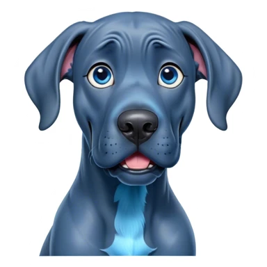 Cinematic Comical Blue Great Dane Portrait Emoji, Head tilted dramatically with an exaggeratedly amused expression, featuring a striking blue Fur with a glossy finish, wide, expressive steel-blue eyes filled with playful disbelief, Simplified yet hilariously expressive features, highly detailed, glowing with a slightly sassy glow, high shine, dramatic yet playful, stylized with an air of cheeky charm, bright and endearing, soft glowing outline, capturing the essence of a spirited and over-the-top guardian, so meme-worthy it feels like it could side-eye its way into internet fame instantly! sticker