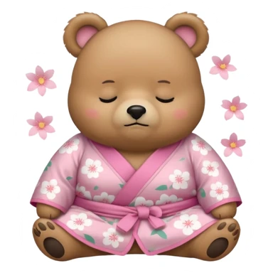 A cute chubby light-brown bear wearing a pastel pink sakura-patterned kimono, tiny body and round head, adorable simple face, sleepy half-closed eyes, small blush on cheeks, sitting while dozing off, tiny “zzz” floating above the head sticker