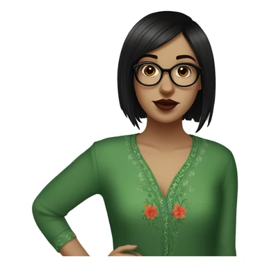 White girl in a green kurta with flower design, glasses, alot of piercing, gay, red lips, nose ring, full body, short straight black edgar hair, black straight hair, front bangs sticker