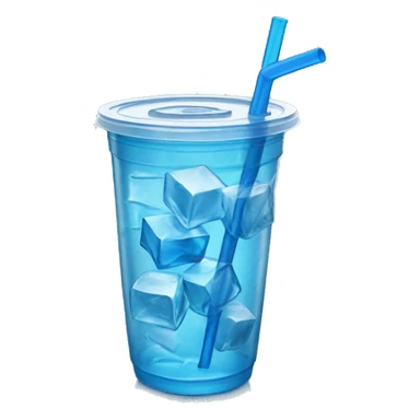 Realistic plastic cup and lid with blue soda and large ice cubes inside and straw through the top of the lid. sticker