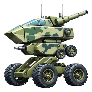 a 4-wheel camouflage army massive mech trail vehicle shooting forward side-hill leaning actively suspended pod enemy mech off-road racing rover with large fast engine  sticker