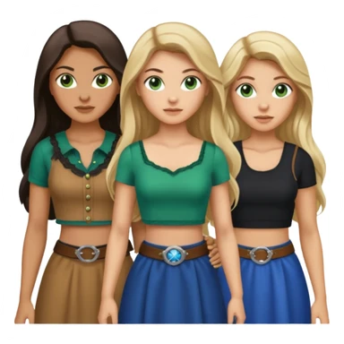 Three women, light skin with dark blonde long hair with green eyes in crop top, tan skin black long hair with brown eyes in western wear, and light skin long blonde hair with blue eyes wearing a dress sticker