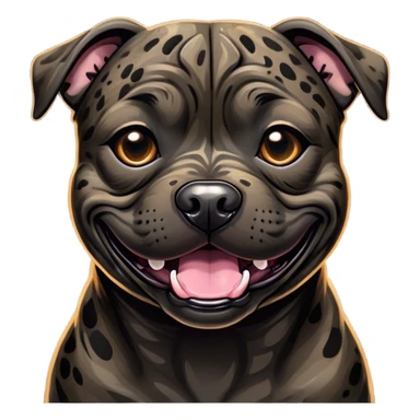 Cinematic Comical Black/Brindle Staffordshire Bull Terrier Portrait Emoji, Head tilted dramatically with an exaggeratedly amused expression, featuring a striking Fur with bold black and brindle patterns, wide, expressive dark eyes filled with playful disbelief, Simplified yet hilariously expressive features, highly detailed, glowing with a slightly sassy glow, high shine, dramatic yet playful, stylized with an air of cheeky mischief, bright and endearing, soft glowing outline, capturing the essence of a spirited and over-the-top guardian, so meme-worthy it feels like it could side-eye its way into internet fame instantly! sticker
