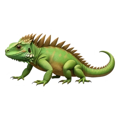 cinematic-iguana-realistic-full-body-basking-emoji,-long-scaly-body-stretched-out,-spiny-ridge-running-down-its-back,-textured-green-and-brown-skin-dappled-with-light,-sharp-intelligent-eyes-studying-the-surroundings sticker