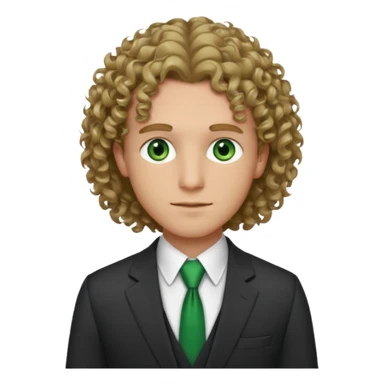 Male, wearing a suit. fair complexion, green eyes, shoulder length dark blonde curly hair, bar slinger sticker