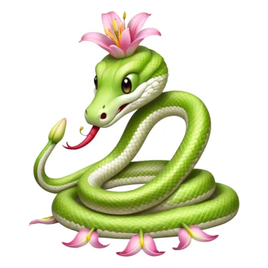 A cute, friendly, fluffy, light green and white snake
with a pink lily flower on its head
(no sting) sticker