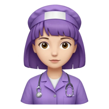 A young female slim nurse with short Brown hair with fringe over her forehead, wearing larvendar purple working cloth, show her hair style without any head wear sticker