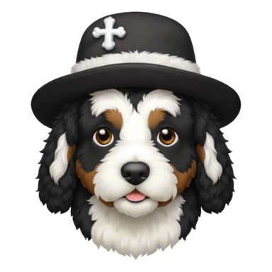 A black Bernedoodle with a white chest with a black and white hat that says friars on it sticker