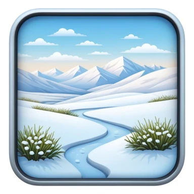 Cinematic Realistic Tundra Emoji in a wooden frame, Vast and cold, with wide expanses of snow-covered ground, sparse grasses poking through, and the occasional hardy shrub breaking up the pale white landscape. The sky above is a pale, frosty blue, and the light reflects off the snow, creating a serene yet starkly beautiful environment. Soft glowing outline, capturing the essence of a quiet, still, frozen wilderness where life endures despite the harsh conditions. sticker