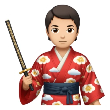 Tan and short haired man in kimono with cloud print holding katana sticker