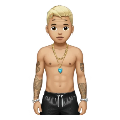 Chris Brown with blonde hair, black sequin baggy pants, shirtless with necklace sticker