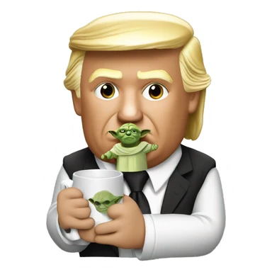 donal trump holding a mug that says i love yoda sticker