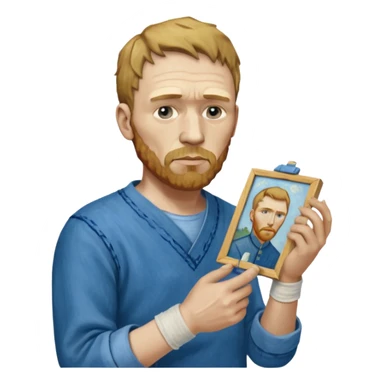 van gogh paints on a canvas. On his right he has a bandage sticker