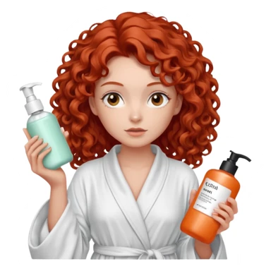 Cartoon emoji of a girl with voluminous curly red hair, fair skin, warm brown eyes. Wearing a chic milky silk robe with long sleeves, no makeup. Portrait mode, holding 3 moisterizers or different skin care products, looking super doubtful twisted and unsure. Smooth, simple, stylized." sticker