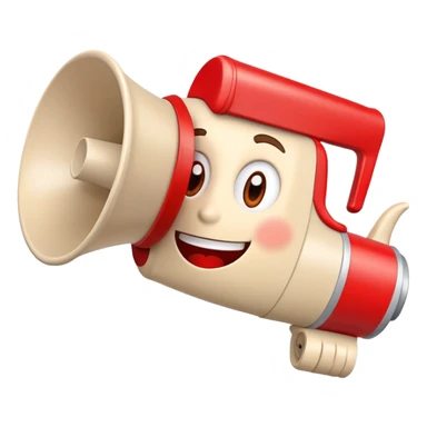 beige and red megaphone with a friendly smiling face sticker