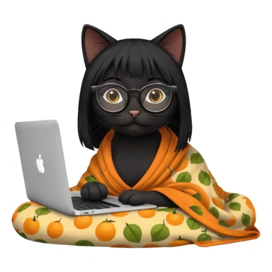 A black female cat working on a MacBook, with long, black straight hair, with round frames and thin glasses, and she wears a blanket with an orange fruit pattern sticker