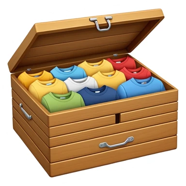 wooden storage box with folded clothes organized in compartments emoji style sticker