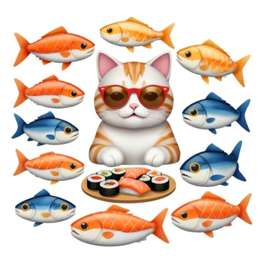 cat wearing sunglasses, looking cocky, eating sushi with more fish around sticker