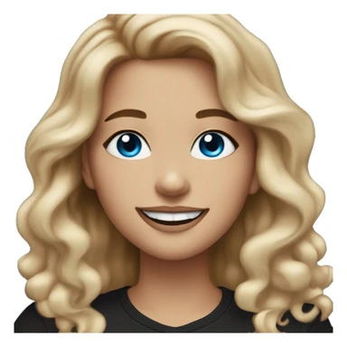 White-skinned adult woman, smiling, glitter makeup on her face, blue eyes, long brown-to-blonde ombre wavy hair, ring earrings, black T-shirt. sticker
