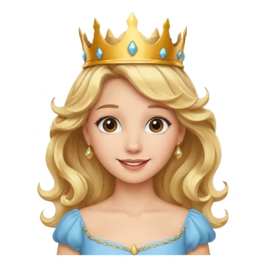 Cheerful blonde princess with wavy hair and light blue dress, wearing crown sticker