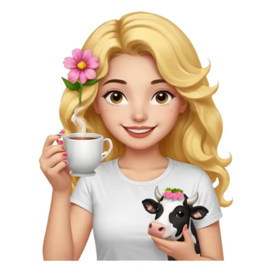 Emoji de iPhone una chica de Cabello ondulado un poco más largo, las expresiones un poco más amigables y coquetas, ojos color negro y un poco de iluminador en la nariz, remera blanca coquette y uñas de florecitas, sonriendo y haciendo distintas expresiones, tomando té y acariciando una vaquita sticker