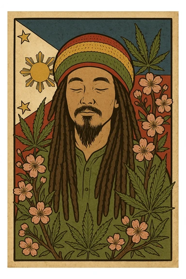 Vintage poster of an Asian Rasta with long dreadlocks, peaceful eyes, and a red-gold-green tam. Surrounded by cherry blossoms and ganja leaves. Background Asian flag. Retro reggae fusion vibe, with bold lines and aged paper texture. Philippines with the actual flag
 sticker